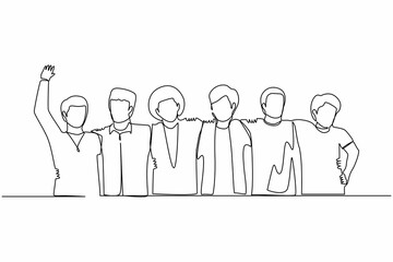 Single continuous line drawing group of young men are hugging. Male together. Happy friendship day with diverse friends of people hugging together. One line draw graphic design vector illustration