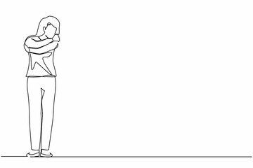 Single one line drawing love yourself. Young woman hugging oneself, happy, positive, smiling. Beautiful woman hugging oneself happy. Self love and self care. Continuous line draw graphic design vector