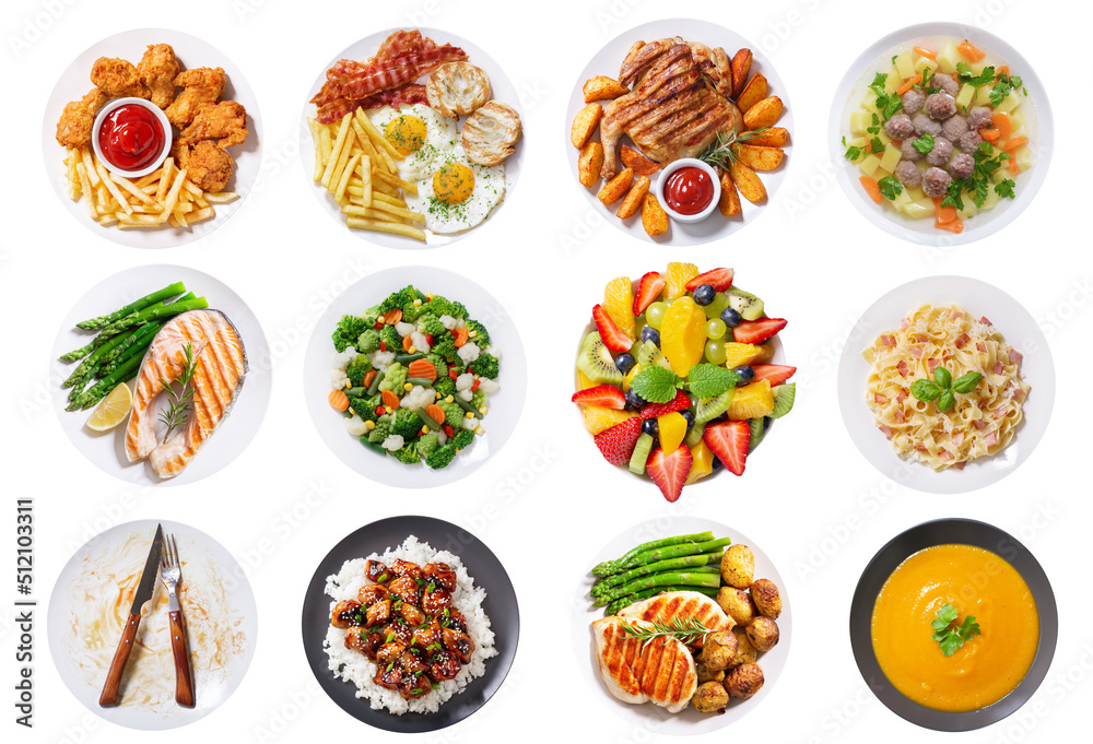 Sticker set of plates of food isolated on a white background, top view