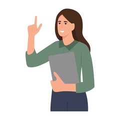 Office woman worker with index finger. Concept of presentation, announcement, showing. Businesswoman gesture mentor teacher. Flat vector illustration character.