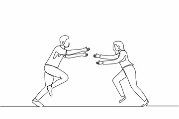 Continuous one line drawing happy man and woman run to meet each other. Female want to embrace male friend. Happy couple. Meeting of friends, love concept. Single line draw design vector illustration