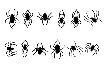 Set of black silhouette spider icon isolated on white background. Halloween scary doodle great for any purposes logo, print, decorative sticker