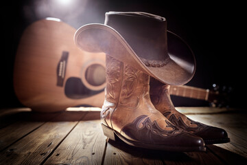 Country music festival live concert with acoustic guitar, cowboy hat and boots - 512103709