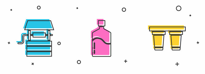 Set Well with bucket, Big bottle clean water and Water filter icon. Vector