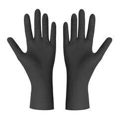 A pair of black rubber plastic medical cleaning gloves open palms view isolated white