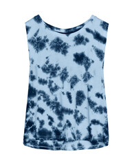 Light blue hippie style tie dye sleeveless summer t-shirt with patterns isolated on white