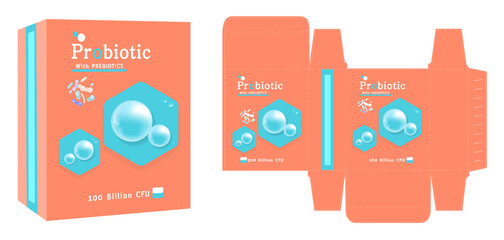 Packaging design, dietary supplement container, probiotic concept box template and mockup box, illustration vector.