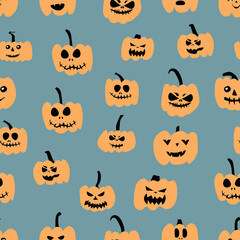 Autumn pumpkins with color background. Perfect for fall, Halloween, Thanksgiving, holidays, fabric, textile. Seamless repeat swatch.