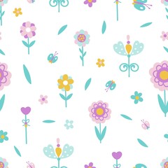 Summer spring garden flowers and butterfly seamless pattern. Cute scandinavian style childish print. Simple decorative fashion abstract botanical vector texture