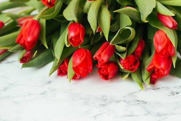 Red tulips on a marble background. Beautiful flowers on the table