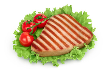 Tuna fish steak grilled isolated on white background with full depth of field. Top view. Flat lay