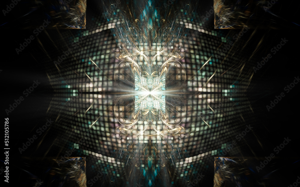 Fototapete digital illustration abstract image generated fractal background image portal pattern of various geometric shapes and lines of various colors for computer graphics or web design