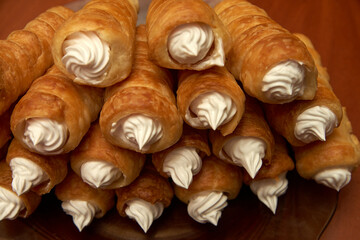 puff pastry with cream close up