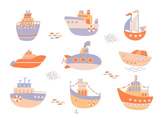 Hand drawn baby boats. Cartoon flat boat and sailor ship. Little submarine, cruise yacht and pirate sea transport. Cute boy ocean nowaday vector elements © MicroOne