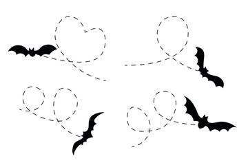 Bat on a dotted line route. Animal black silhouette. Vector isolated on white background.