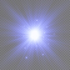 Glow bright light star, blue sun rays, sunshine.