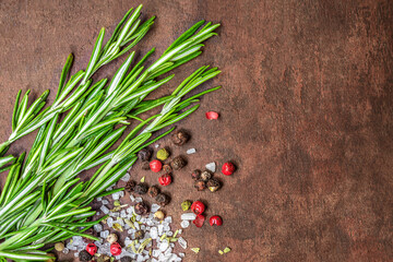 Rosmary bound on a wooden board with spices and copyspace. Top view.