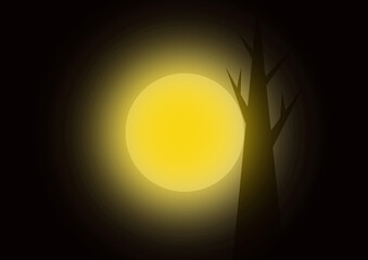 Bright full moon light illustration with dry tree silhouette