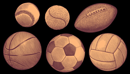 Balls for sports games. Design set. Editable hand drawn illustration. Vector vintage engraving. 8 EPS