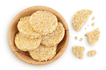 coconut cookies with white flax seeds and honey in wooden bowl isolated on white background. Healthy food. Top view. Flat lay