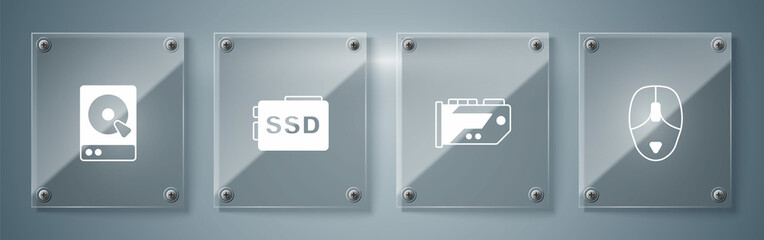 Set Computer mouse, Video graphic card, SSD and Hard disk drive HDD. Square glass panels. Vector