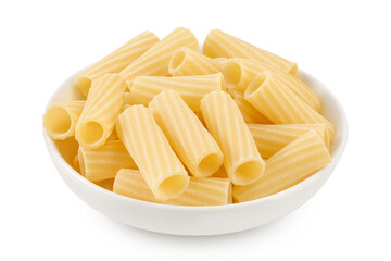 raw italian tortiglioni pasta in ceramic bowl isolated on white background with full depth of field
