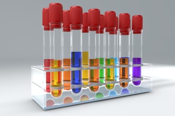 Test tube in rainbow color with blood devices in a stand. 3d illustration of medical test tubes. The concept of medical tests and laboratory research.