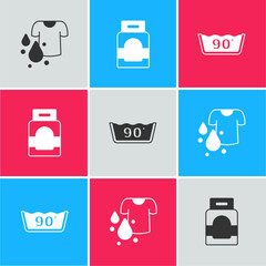 Set Dirty t-shirt, Laundry detergent and Temperature wash icon. Vector