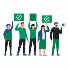Group of diverse people holding signs and protesting together vector illustration