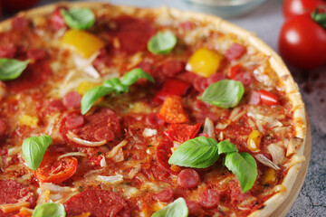Pizza with salami and basil