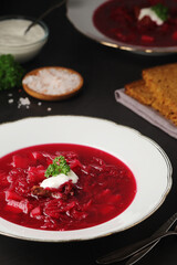 A plate with Ukrainian national dish - borsch