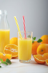 Oranges and orange juice in glasses	