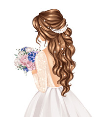 Beautiful bride girl back view. Fashion wedding illustration