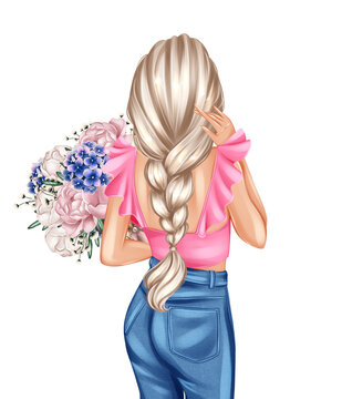 Beautiful blonde girl with flowers back view. Fashion girl illustration