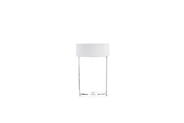 Transparent plastic jar, isolated on a white background.
Transparent container with white lid.