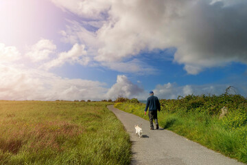 Old man walking small white dog on a footpath by a green grass field, beautiful cloudy sky and sun flare. Pet care and friendship concept