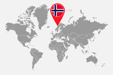 Pin map with Norway flag on world map. Vector illustration.