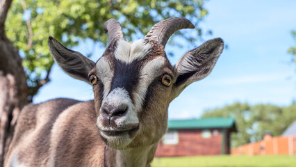 Head of a piebal horned goat in the pasture. Animal nose close-up, selective focus. Goat looking at the camera.