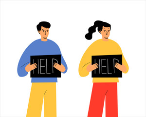 A man and a woman are asking for help. Signs with the word help. Request for help, protest action, rally