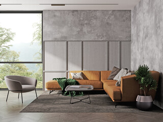 living room interior mock up in gray tones with brown sofa, 3d rendering