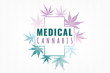 Medical Cannabis Cross Shape Logo Lettering with Marijuana Leaves Composition Creative Concept - Purple and Turquoise on White Background - Hand Drawn Design
