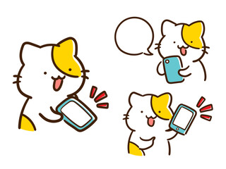 スマホを持つかわいいねこのデフォルメイラストセット