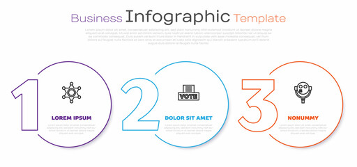 Set line Hexagram sheriff, Vote box and Tourist binoculars. Business infographic template. Vector