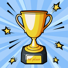 Champions golden cup or trophy cup with text on golden plate 1st Place. Vector illustration in comic cartoon style