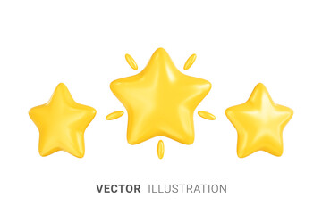 Three shiny gold stars icon. A design element for games, online stores and websites or e-commerce apps. The concept of achievement in games or customer reviews. Realistic 3d vector illustration