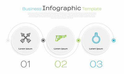 Set line Crossed arrows, Revolver gun and Canteen water bottle. Business infographic template. Vector
