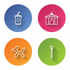 Set line Paper glass with water, Circus tent, Balloon dog and Magic wand. Color circle button. Vector