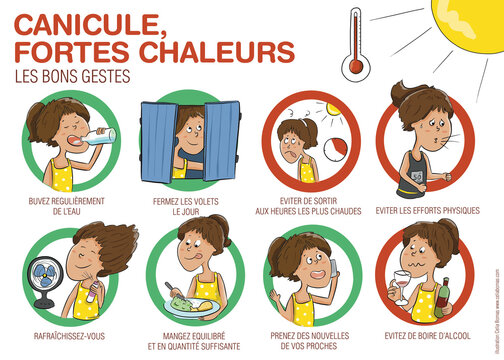 Illustration des bons gestes a adopter en cas de canicule et fortes chaleurs. Prevention coup de chaleur. Infographie