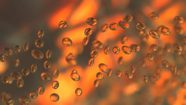 Small transparent balls rotate on sunset orange blurred background abstract looped 3d 4k render