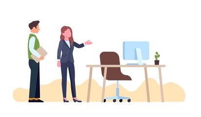 Businesswoman showing workplace to new employee. Office people communication. Woman pointing to work furniture. Workspace with desk and computer. Manager recruitment. Vector concept